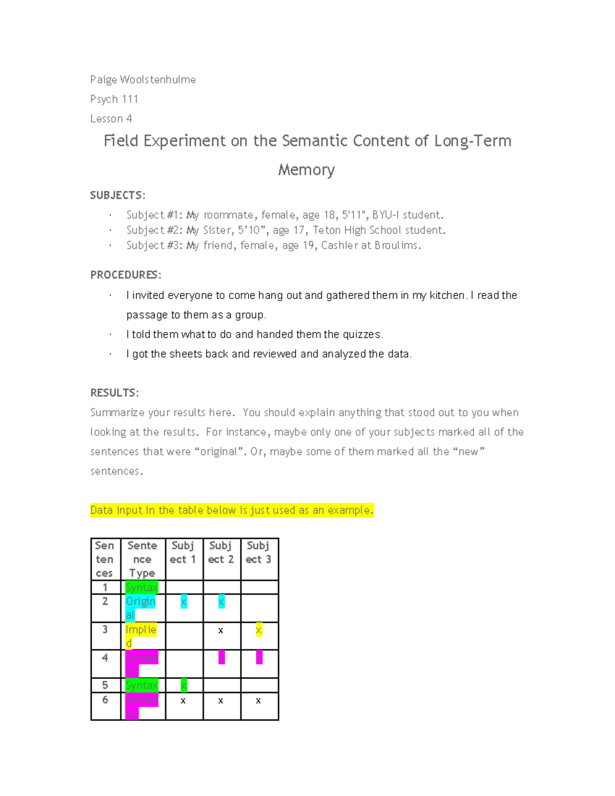 Field Experiment on the Semantic Content of LongTerm Memory Paige