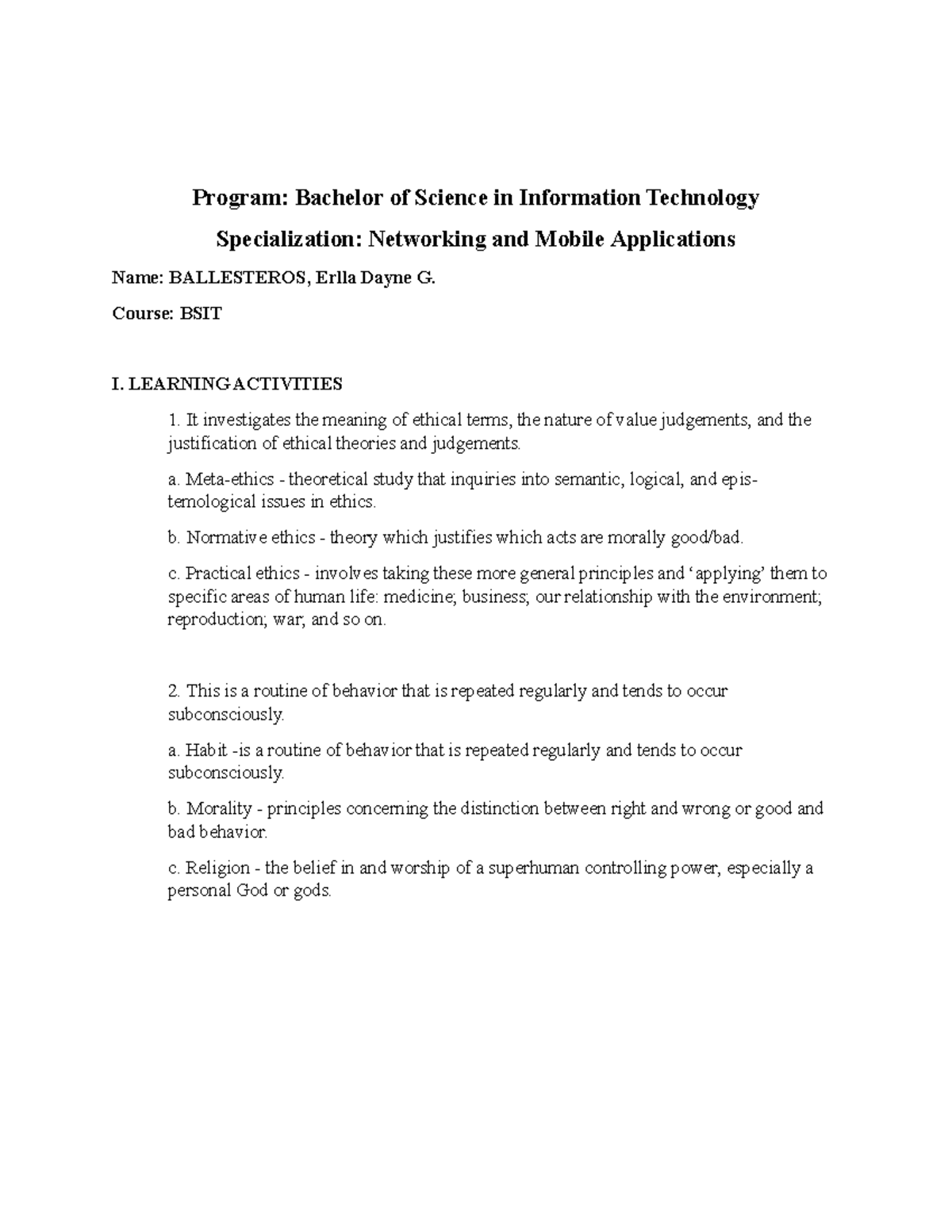 Activities - assignment - Program: Bachelor of Science in Information ...