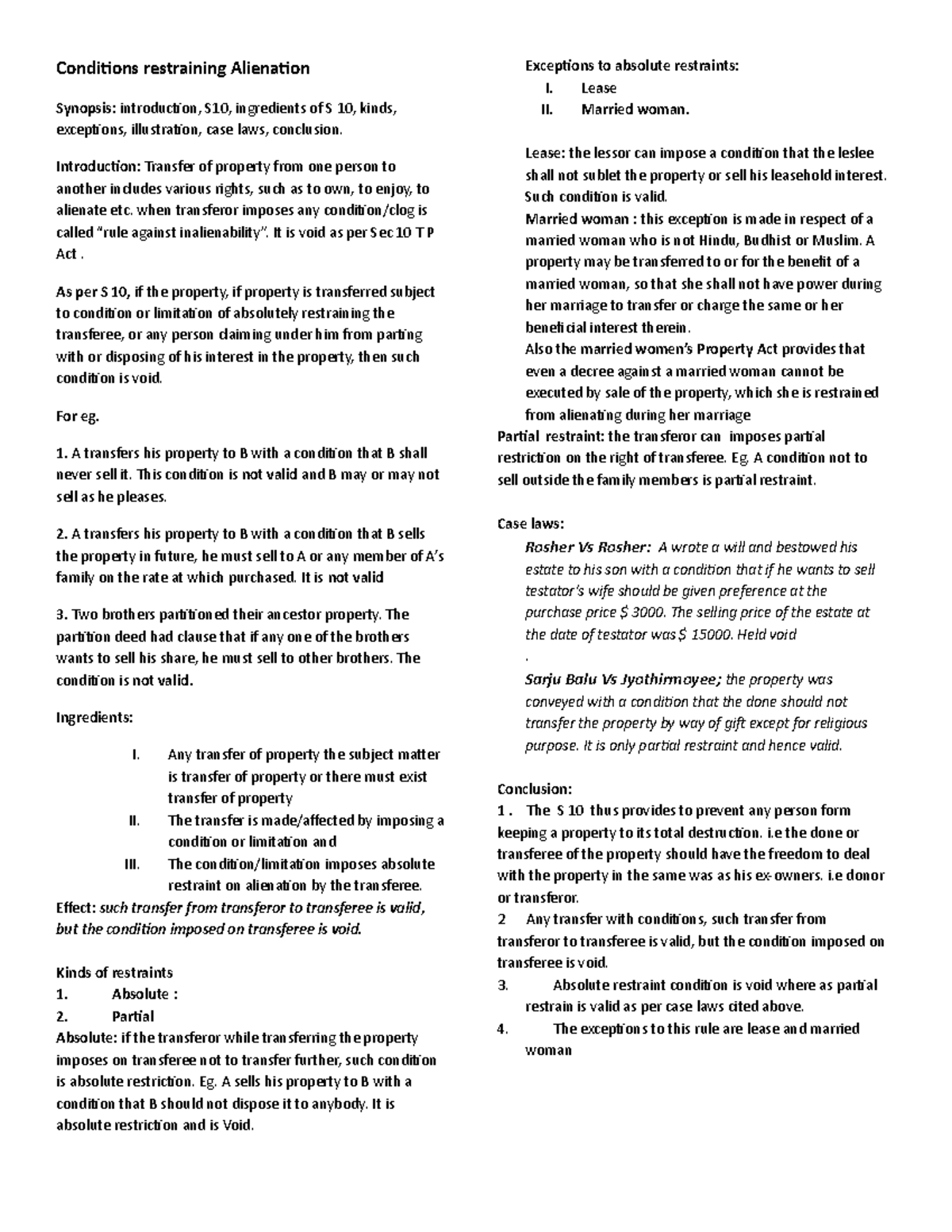 S 10 condition restraining Alienation - Condiions restraining Alienaion ...