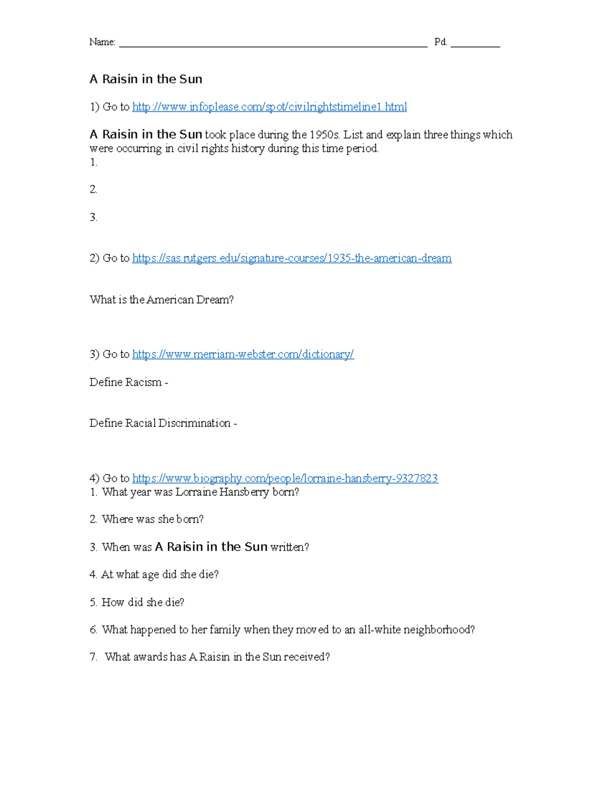 A Raisin in the Sun quest Name