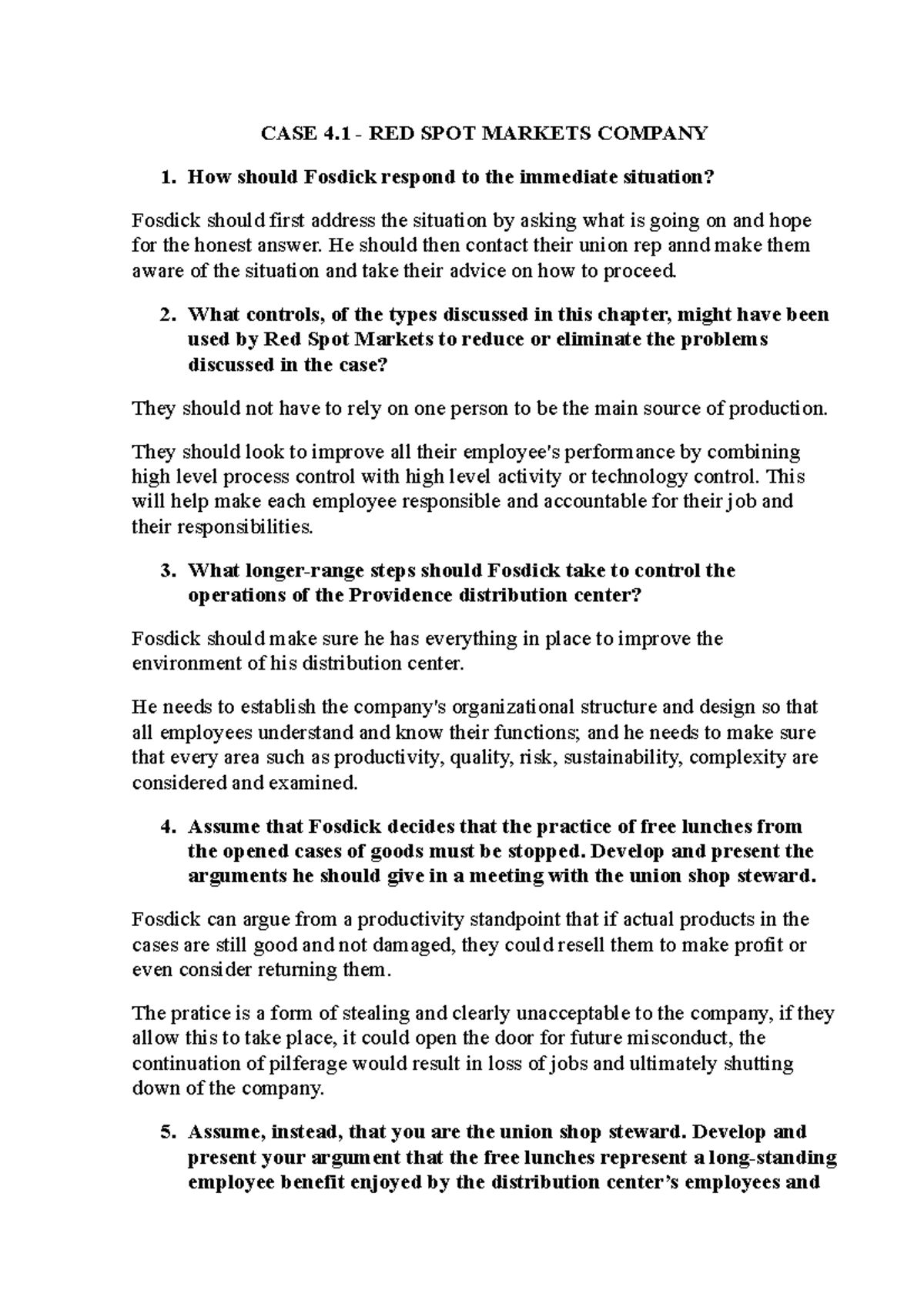 CASE 4.1 - RED SPOT Markets Company - CASE 4 - RED SPOT MARKETS COMPANY ...