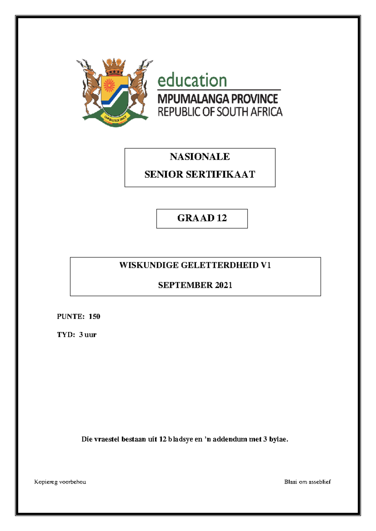 MP ML QP P1 Trial 2021 Afr - PUNTE: 150 TYD: 3 uur Die vraestel bestaan ...