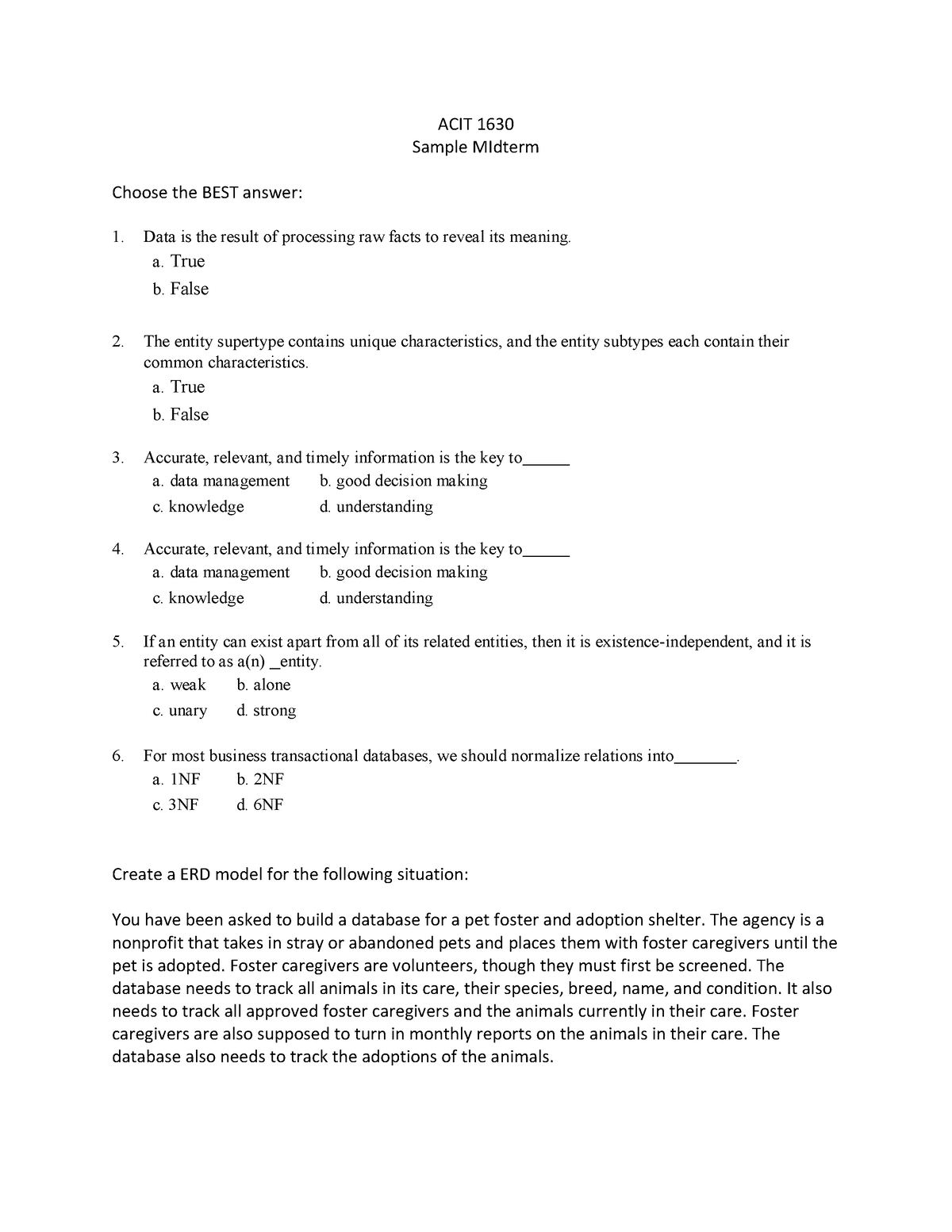 Sample midterm format - ACIT 1630 Sample MIdterm Choose the BEST answer ...