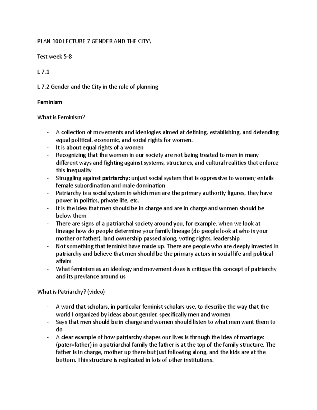 100 L7 gender - Lecture 7 notes for PLAN100 - PLAN 100 LECTURE 7 GENDER ...