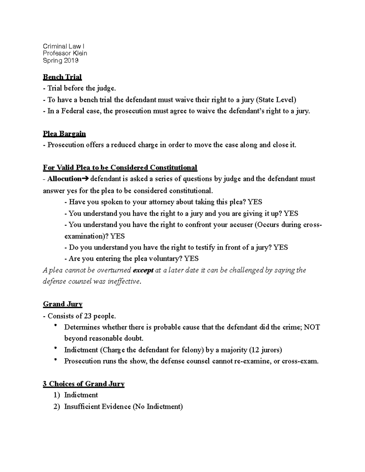 Grand Jury Lecture Notes - Criminal Law I Professor Klein Spring 2019 ...
