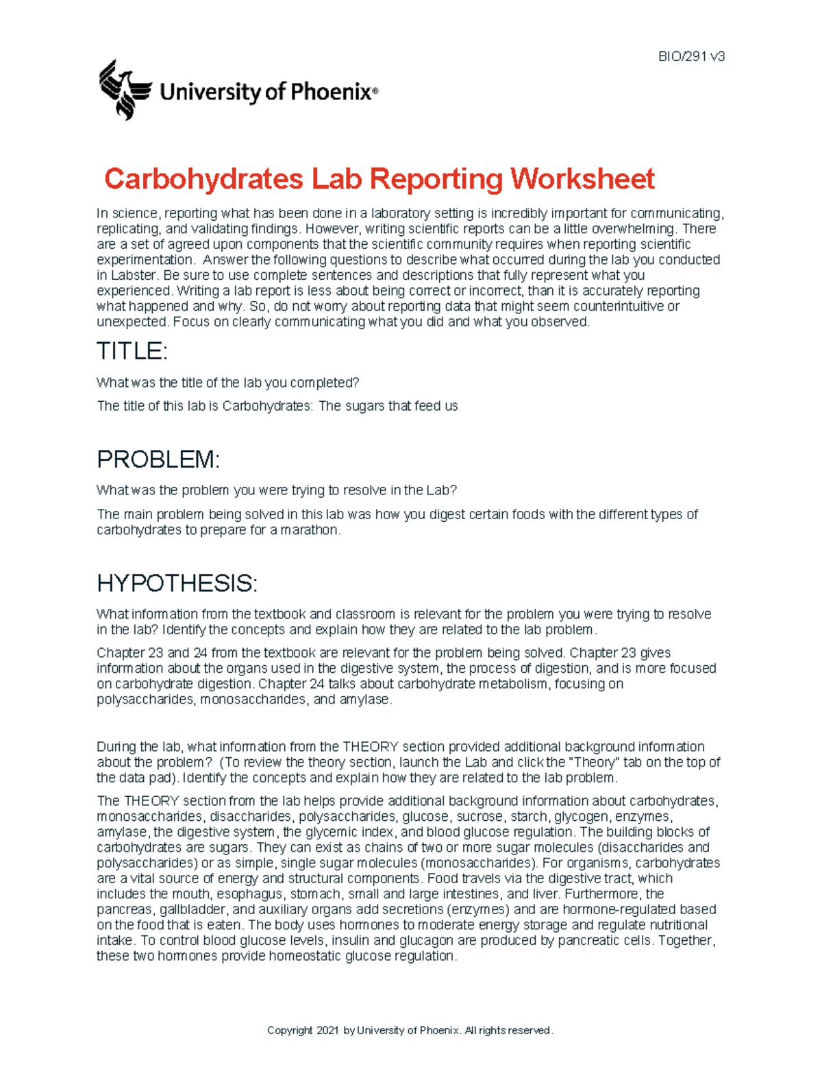 Bio291 v3 wk4 the carbohydrates lab report BIO/291 v Carbohydrates Lab Reporting Worksheet In