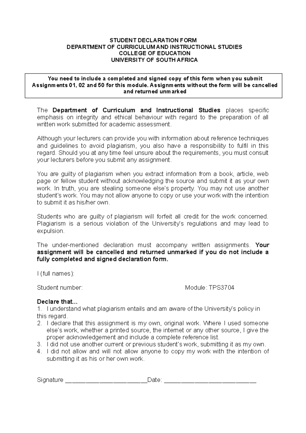 Assignment 2B - tutorial - STUDENT DECLARATION FORM DEPARTMENT OF ...