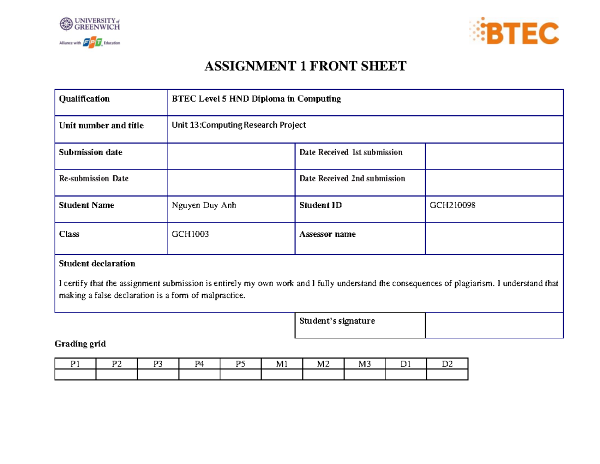 ASM1- 1625-pass - ASSIGNMENT 1 FRONT SHEET Qualification BTEC Level 5 ...