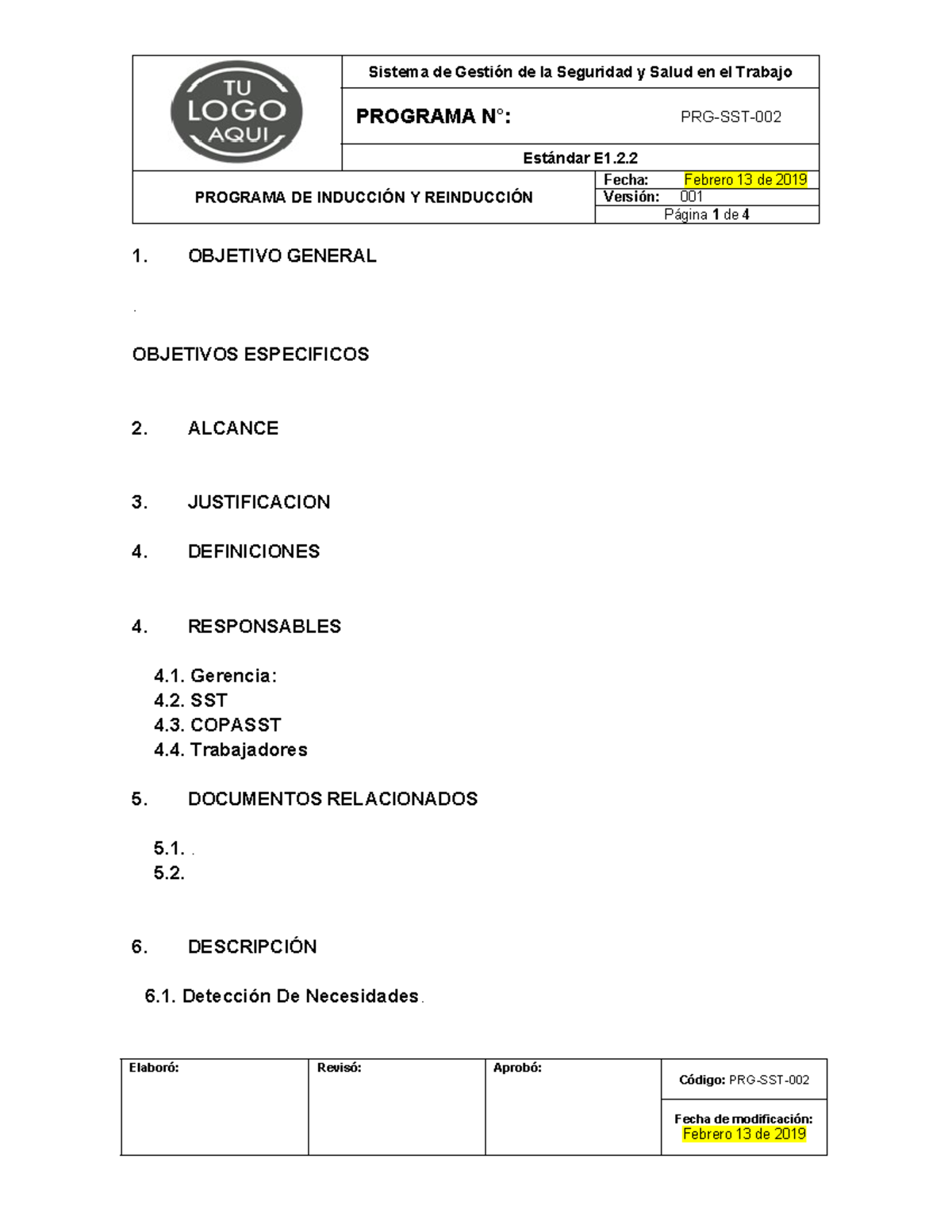 Programa De Inducción Y Reinducción A Programa N° Prg Sst