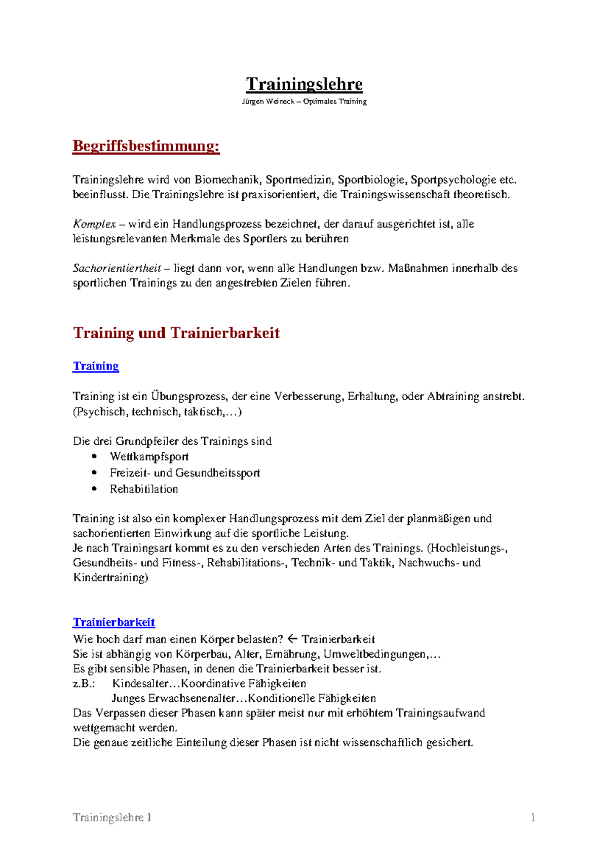 Trainingslehre Trainingslehre Jürgen Weineck Optimales Training