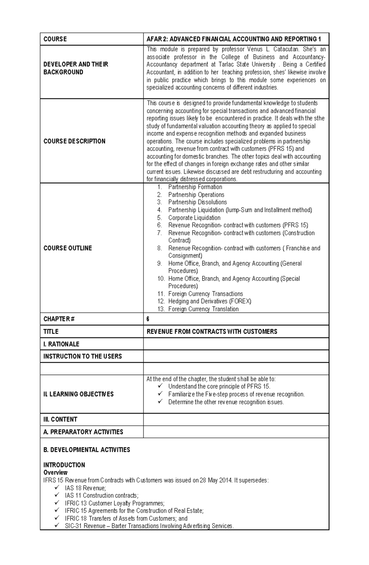 AFAR 2 Module CH 6 - COURSE AFAR 2: ADVANCED FINANCIAL ACCOUNTING AND ...