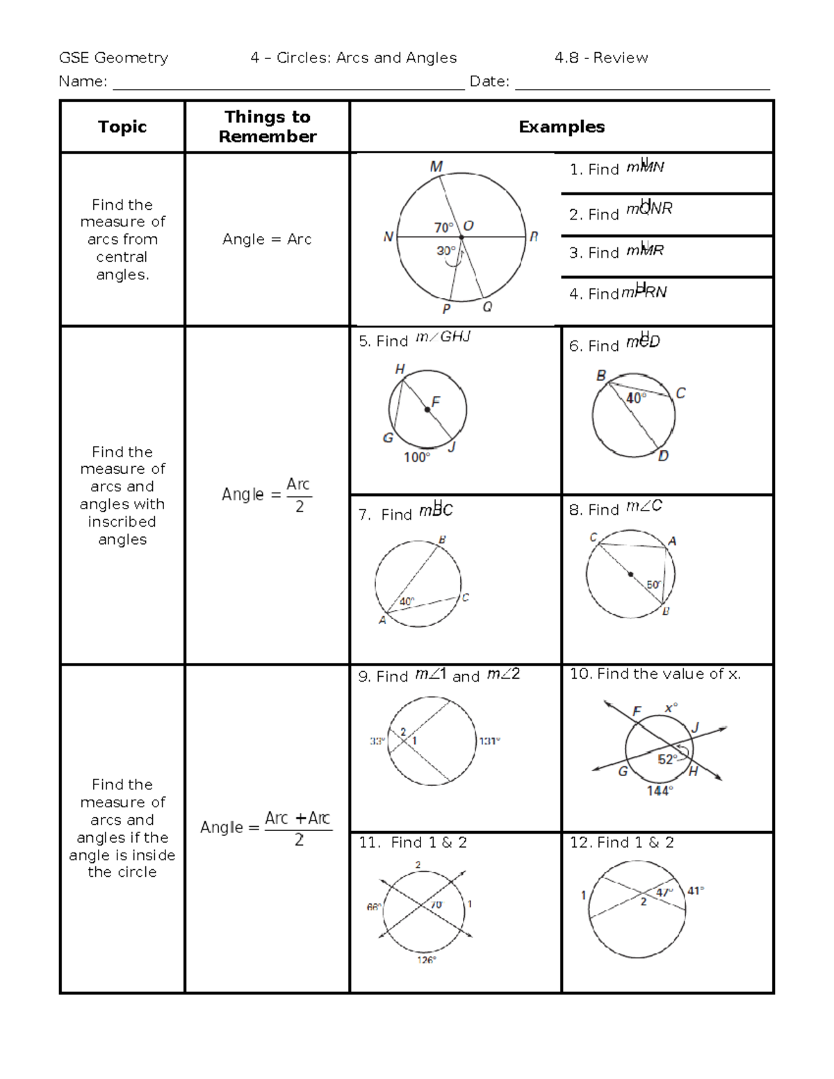 Study Guide on Circles 1 - GSE Geometry 4 – Circles: Arcs and Angles 4 ...