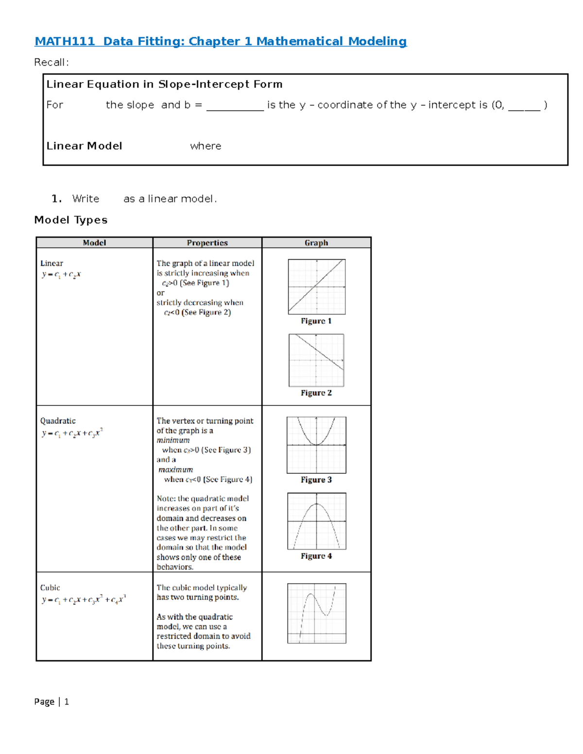 Data Fitting Chapter 1 Mathematical Modeling - MATH111 Data Fitting ...