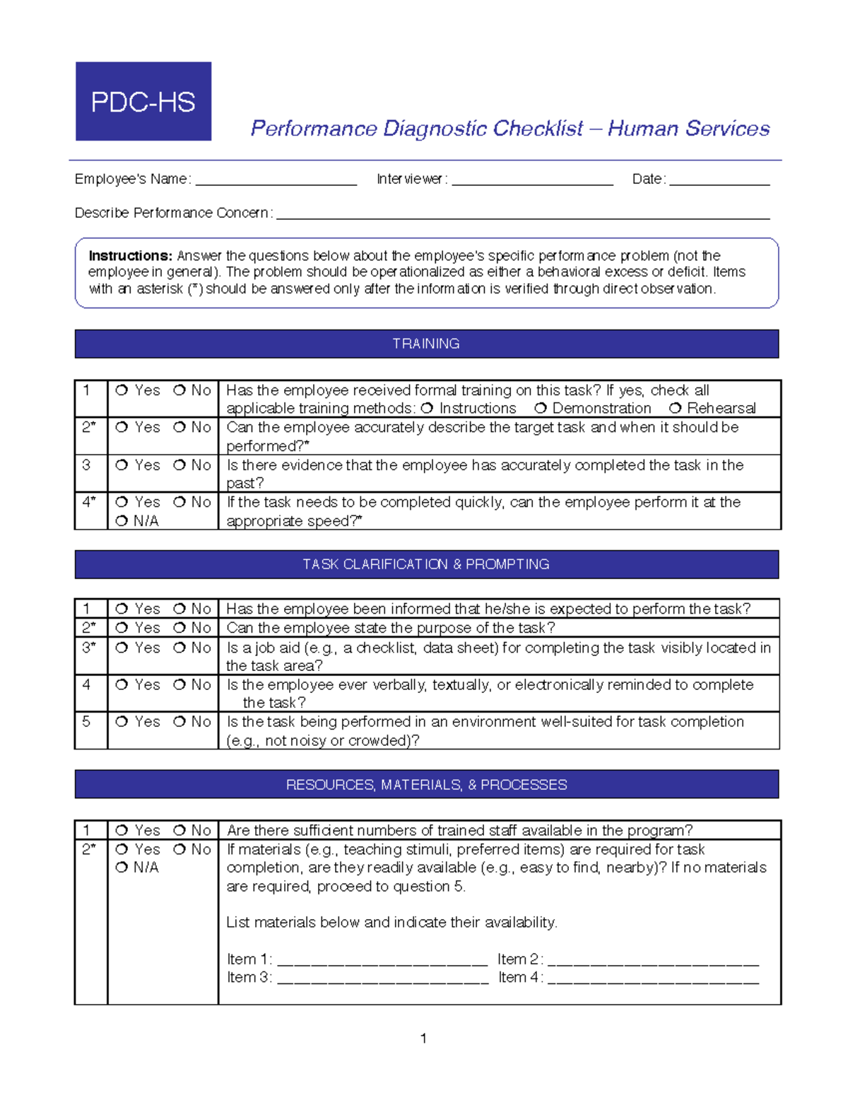 1. Performance Diagnostic Checklist – Human Services - Employee’s Name