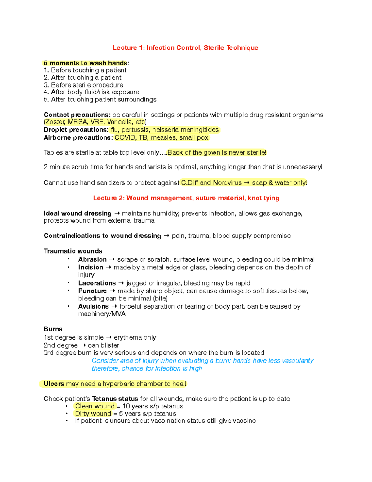 Clin Lab Final Review Lecture 1 Infection Control, Sterile Technique