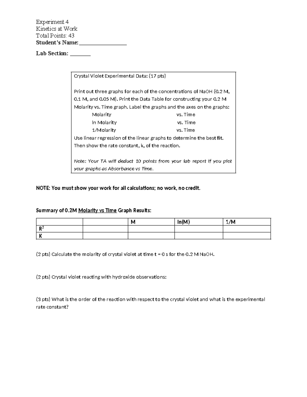 CHEM 110 L - Experiment 4 Kinetics at Work - Experiment 4 Kinetics at ...