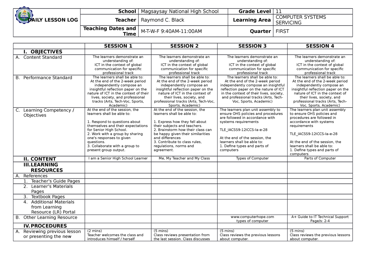 DLL CSS WEEK 1 - DLL for CSS g11 - DAILY LESSON LOG School Magsaysay ...