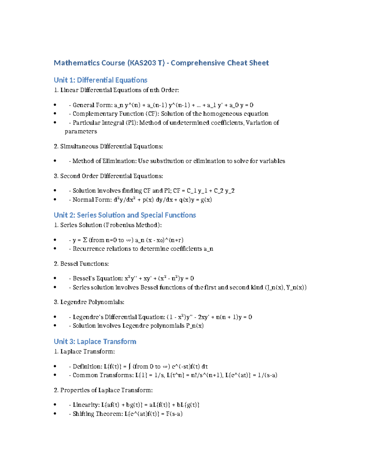 Updated Mathematics Cheat Sheet - Mathematics Course (KAS203 T ...