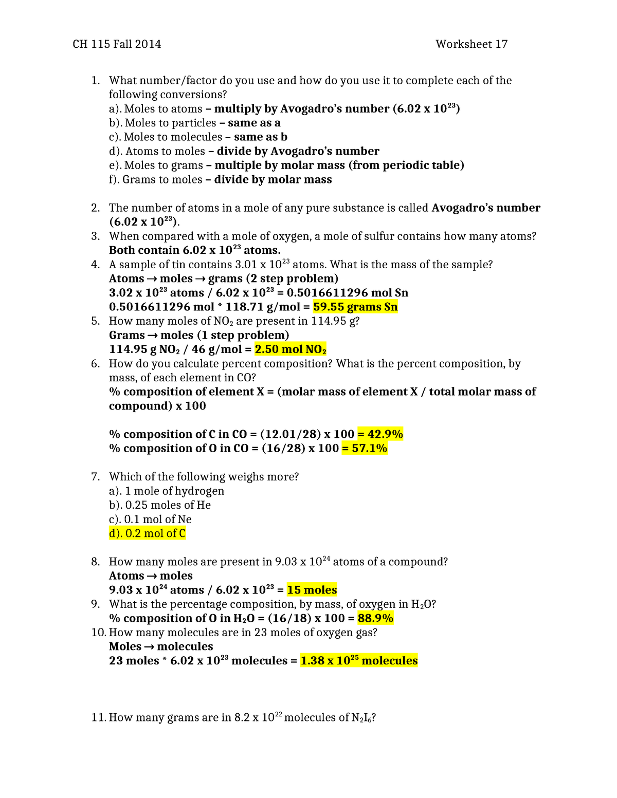 Worksheet 17 Answers - Ap chem - CH 115 Fall 2014 Worksheet 17 1. What ...