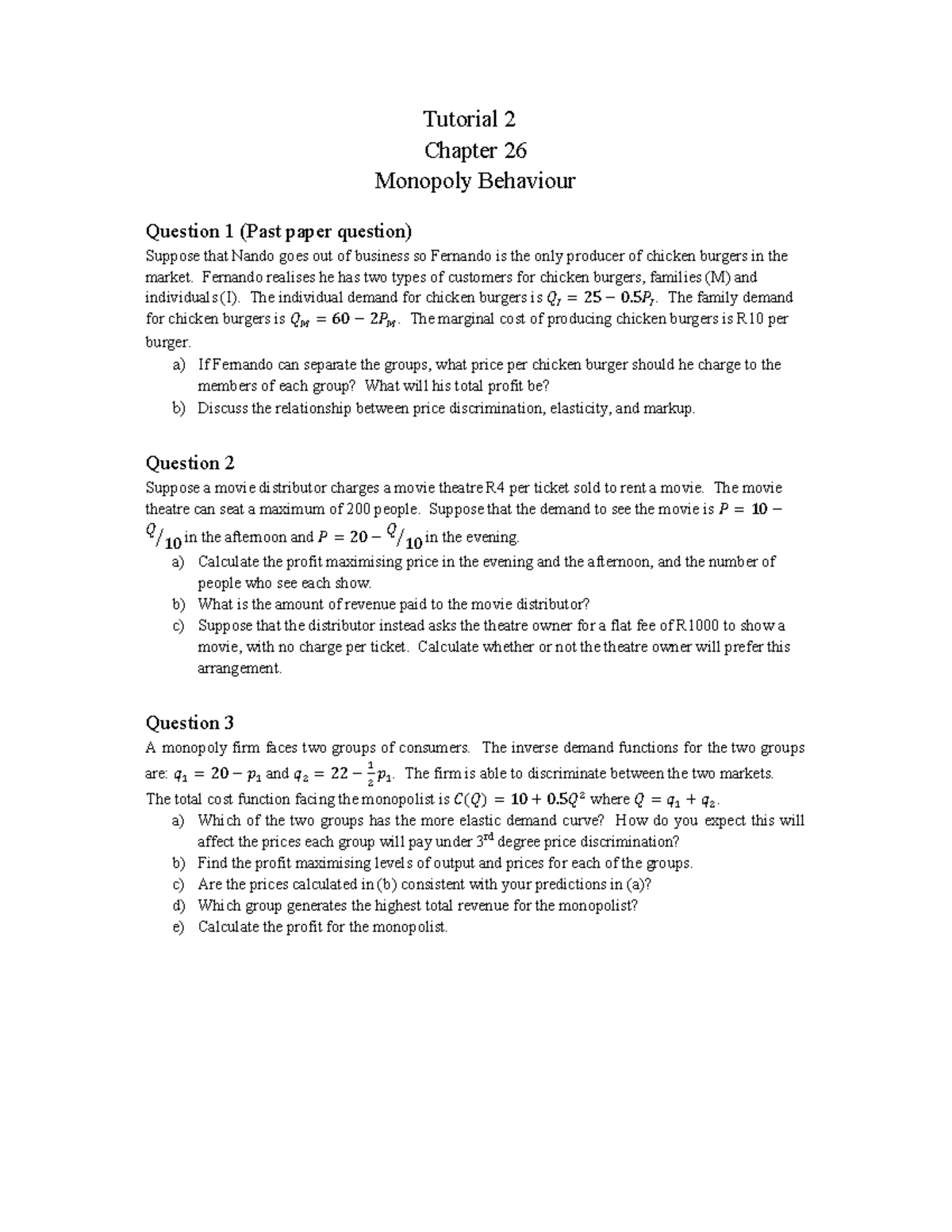 Tutorial 2 Monopoly Behaviour - Tutorial 2 Chapter 26 Monopoly ...