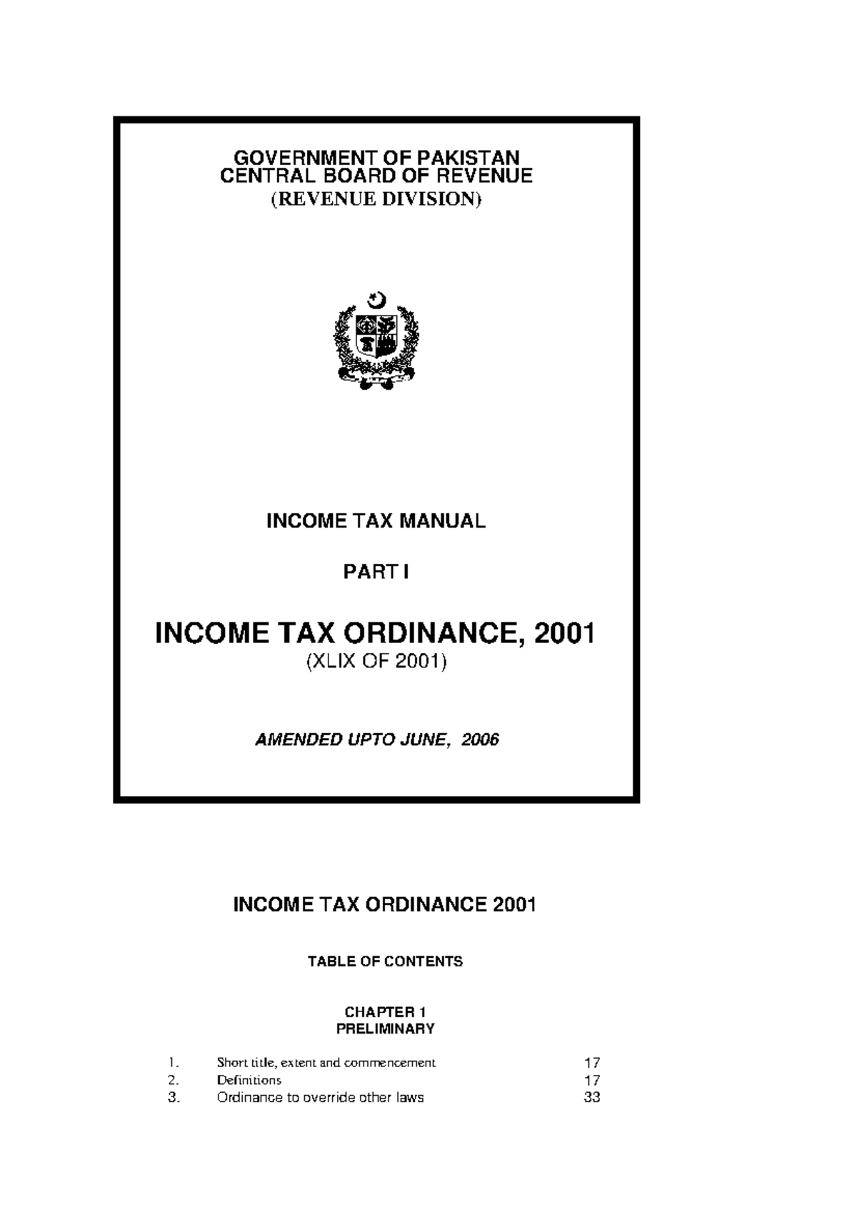 Pakistan-Info - sddsdd - INCOME TAX ORDINANCE 2001 TABLE OF CONTENTS ...