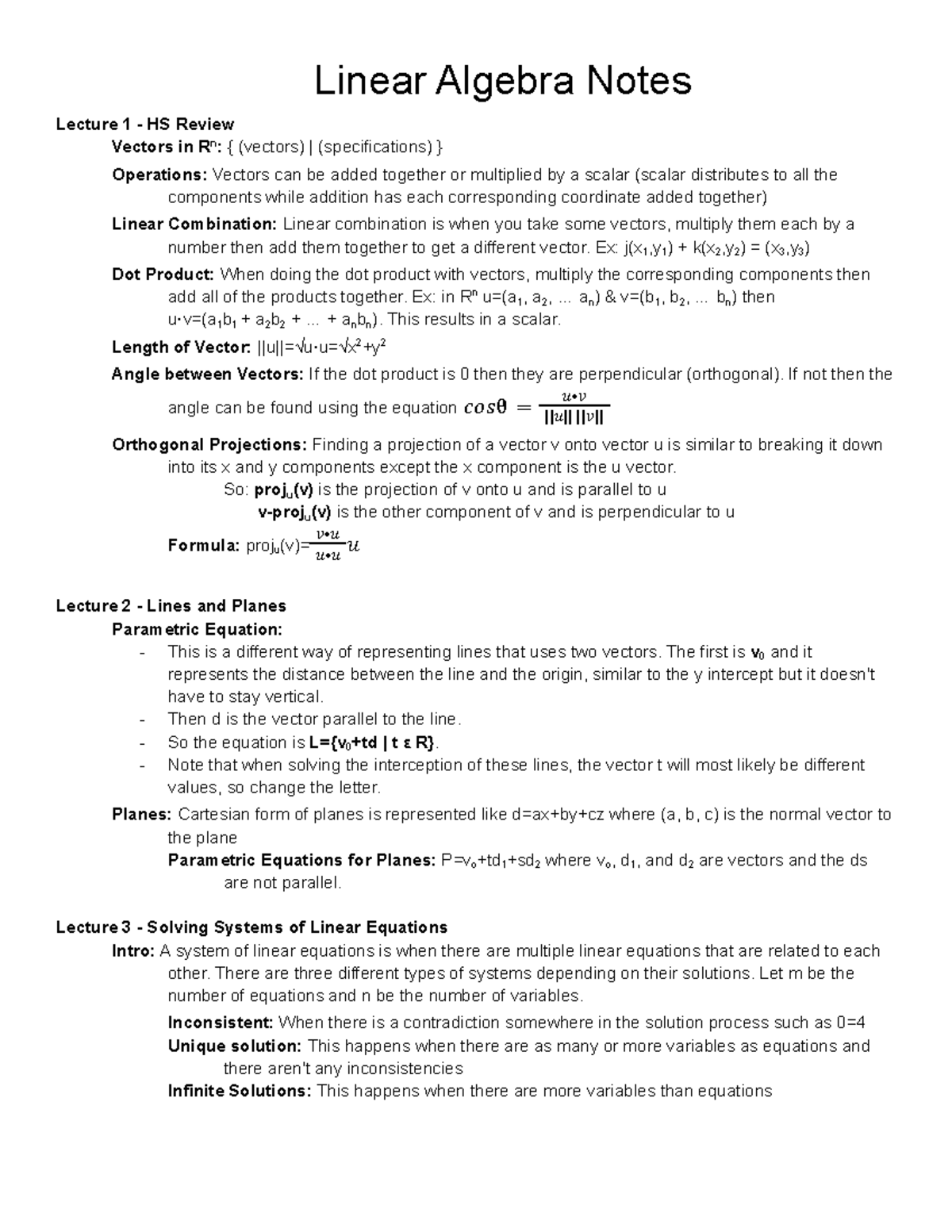 Linear Algebra Notes - Linear Algebra Notes Lecture 1 - HS Review ...