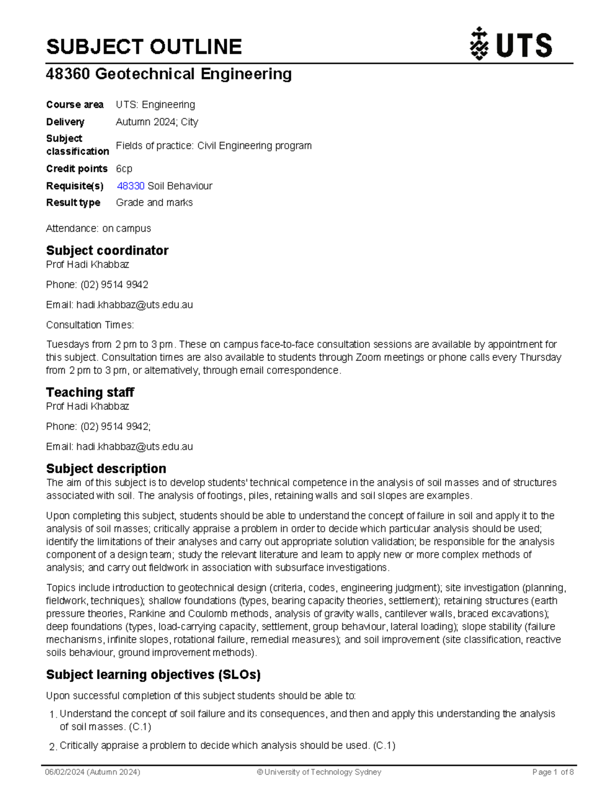 Geotechnical Engineering Subject Outline - SUBJECT OUTLINE 48360 ...