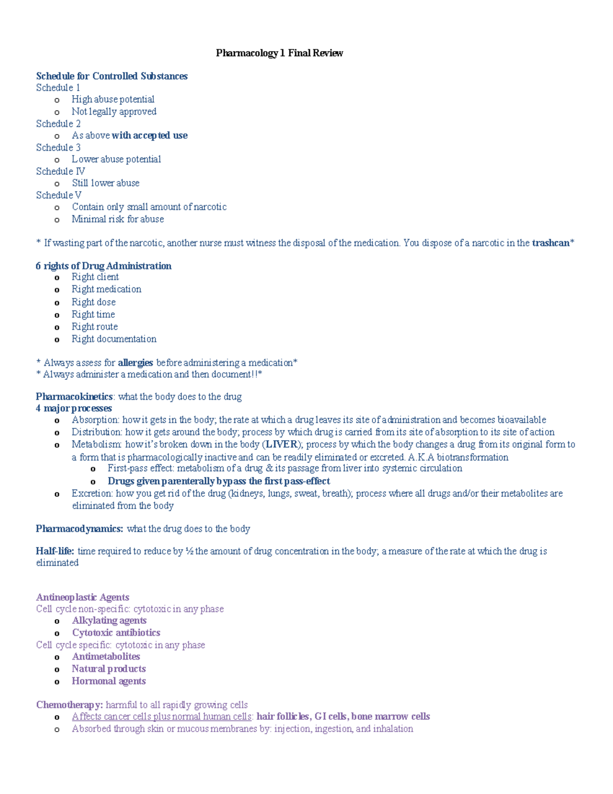 Pharm 1 Final Review - Lecture notes all - Pharmacology 1 Final Review ...