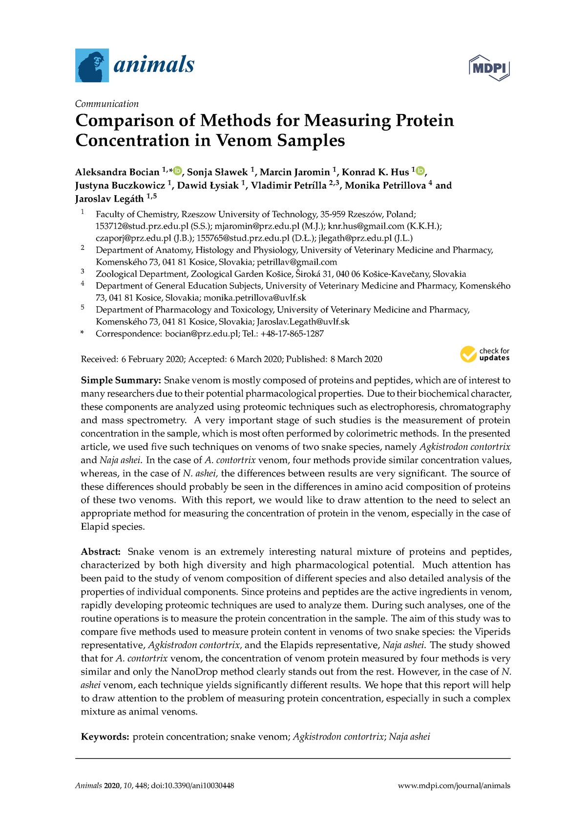 Comparison Of Methods For Measuring Protein Concentration In Venom