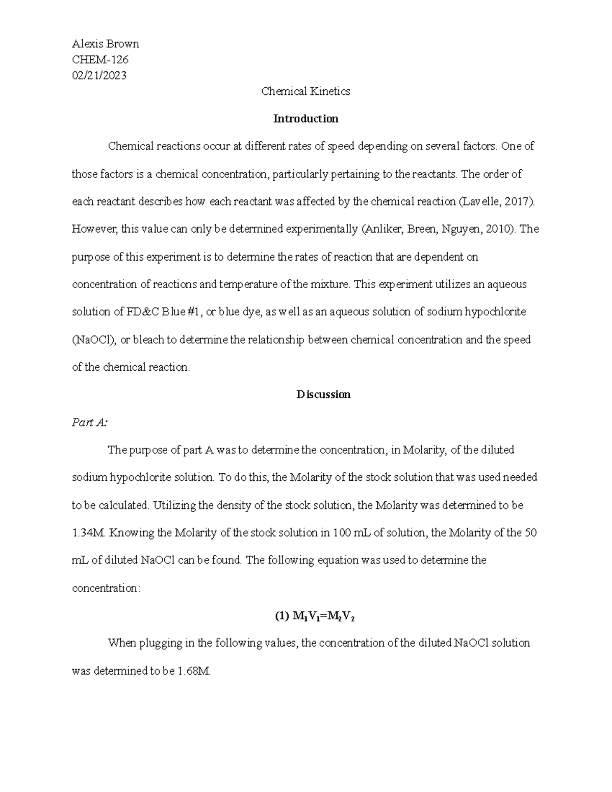 Chem 126-Lab 4 - Kinetics Lab Report - CHEM- 02/21/ Chemical Kinetics ...