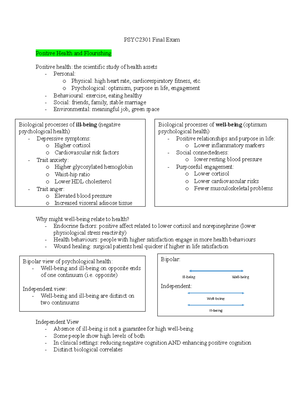 PSYC2301 Final Exam Review - PSYC2301 Final Exam Positive Health And ...