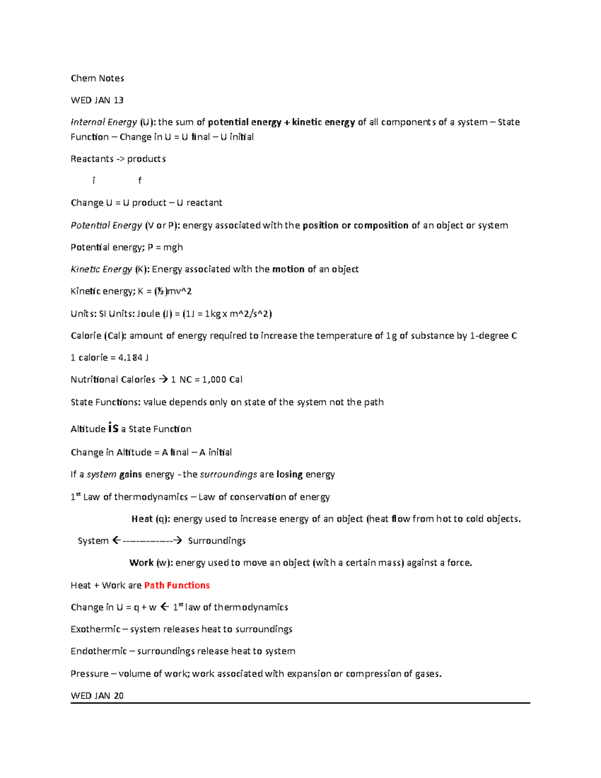 Chemistry Review - Chem Notes WED JAN 13 Internal Energy (U): the sum ...