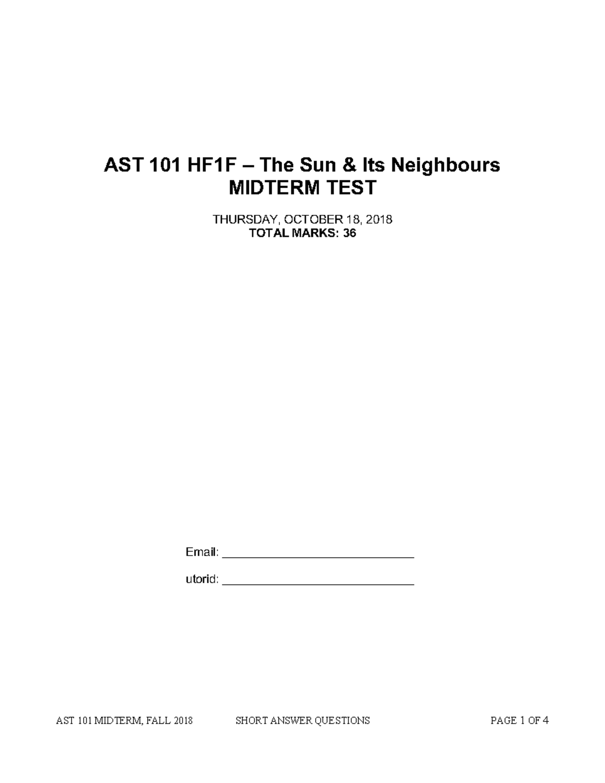 AST101 Fall2018 Midterm Short Answer - Ast101H1 - U Of T - Studocu