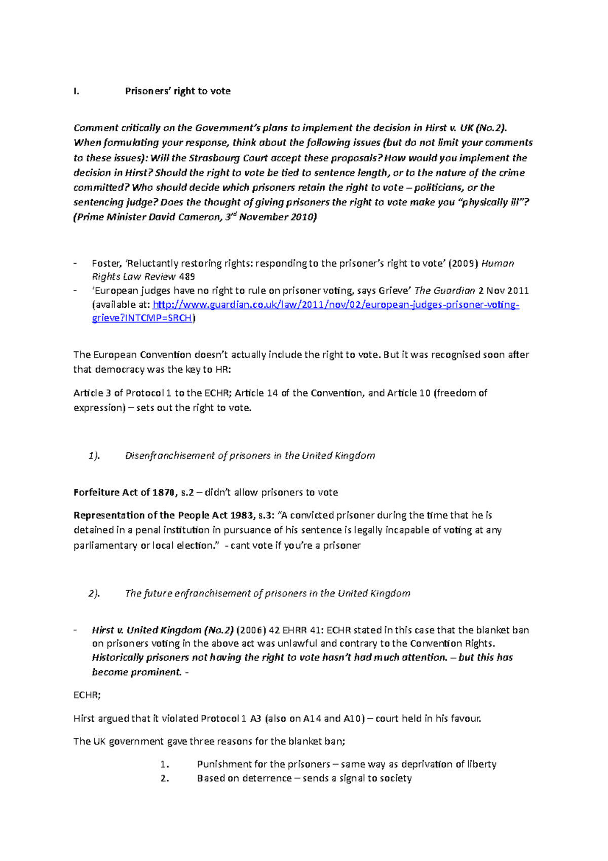 Lecture notes, lecture 2 - Prisoners right to vote - I. right to vote ...