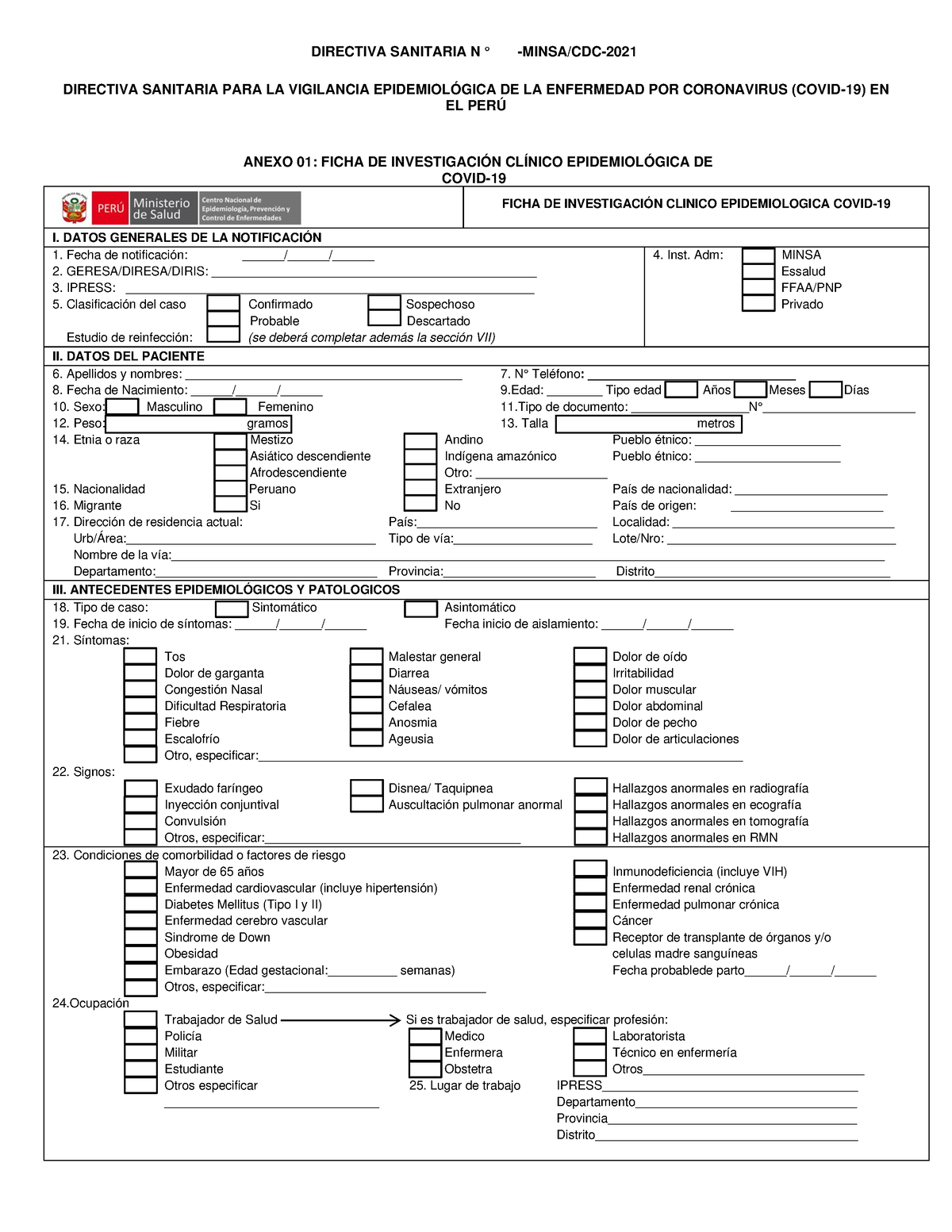 Ficha DE Investigacion CL NICO Epidemiologica DE Covid 19 - DIRECTIVA ...