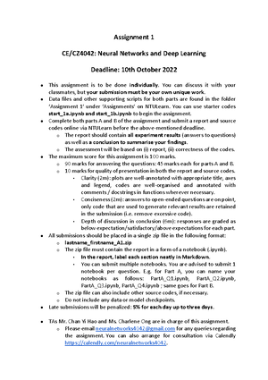Assignment 1 neural networks and deep learning - CZ4042 - NTU - Studocu