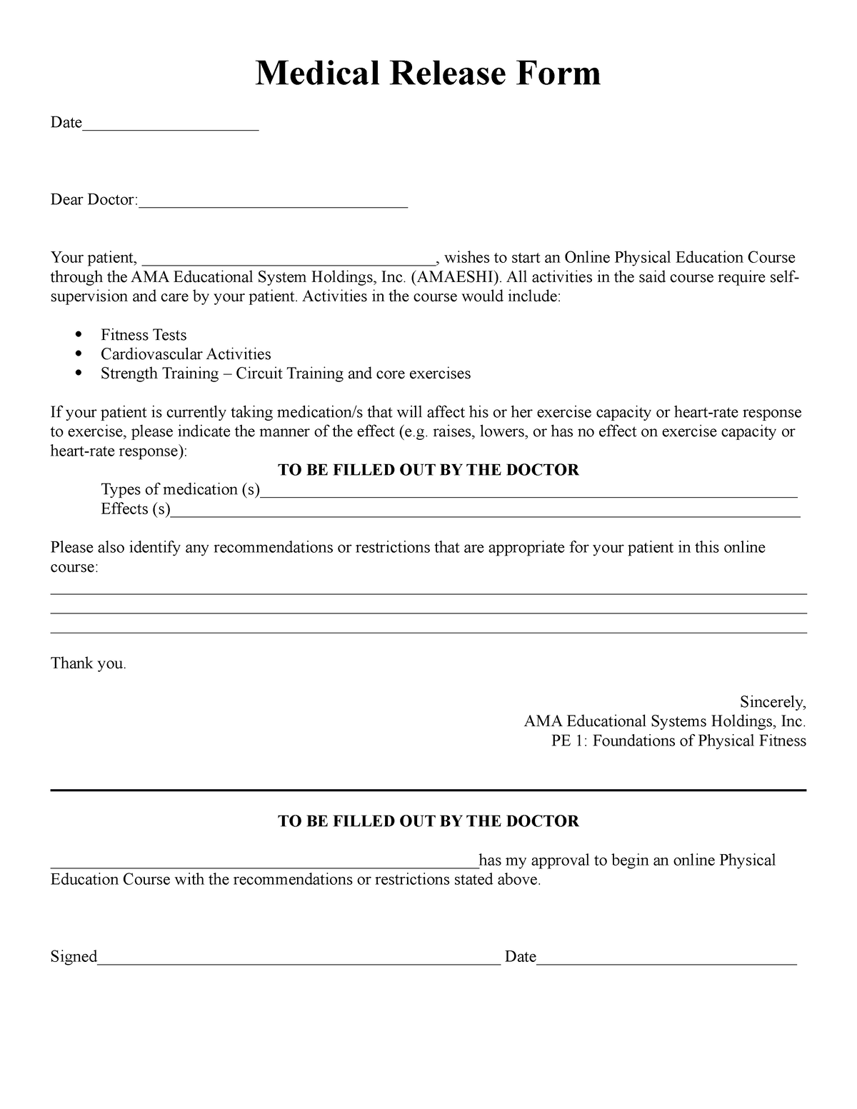 Student Medical Release Form