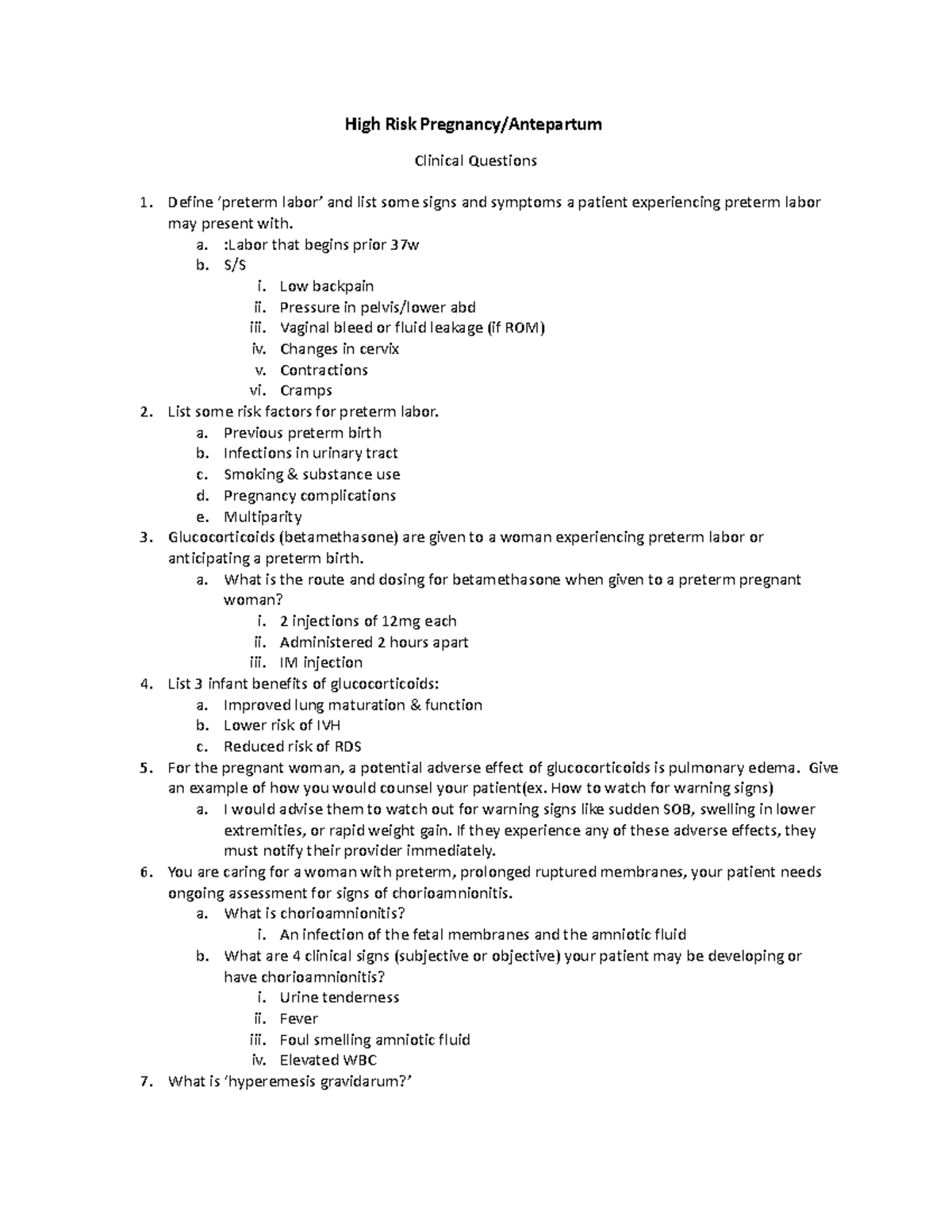 High Risk Pregnancy Antepartum Clinical Questions - High Risk Pregnancy ...
