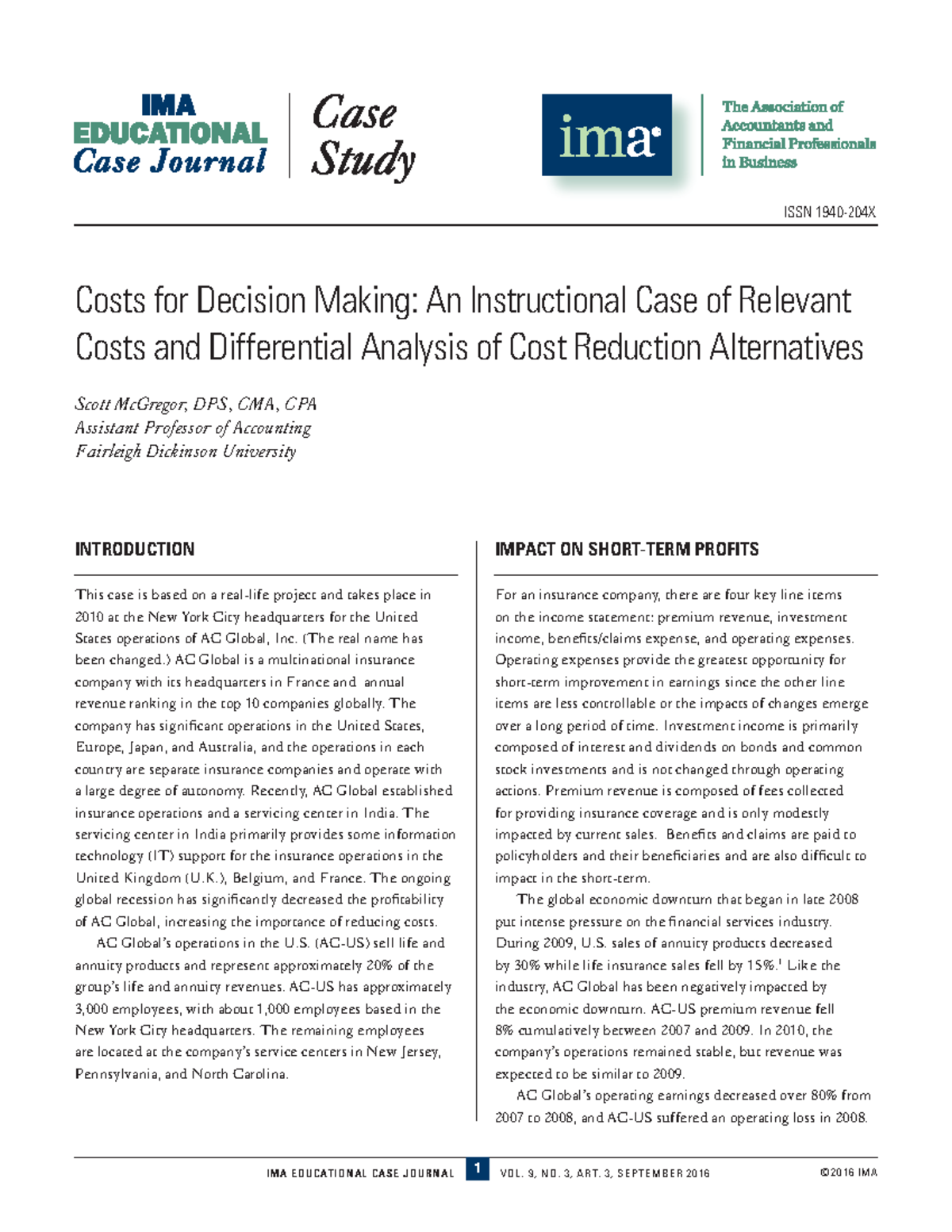 Costs for Decision Making Case - INTRODUCTION This case is based on a ...