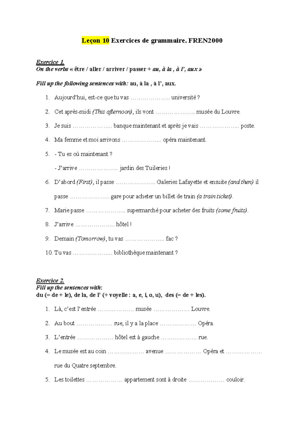 L Grammar exercises Lesson 10 - Leçon 10 Exercices de grammaire. FREN ...