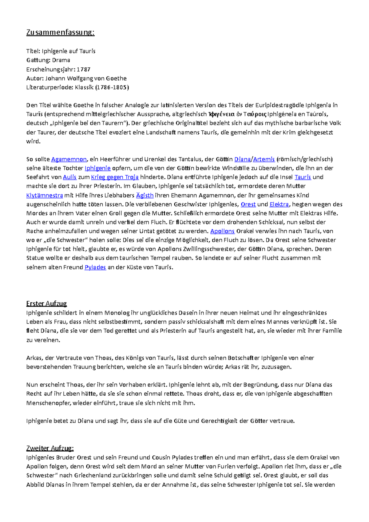 Zusammenfassung Von Iphigenie Auf Tauris 08 Goethe Iphigenie auf Tauris - Zusammenfassung: Titel: Iphigenie auf