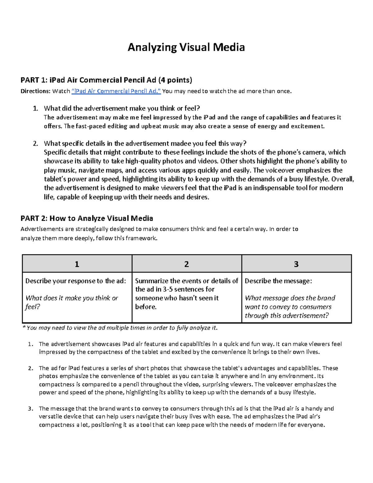 Analyzing Visual Media Handout Analyzing Visual Media Part 1 Ipad Air Commercial Pencil Ad 4