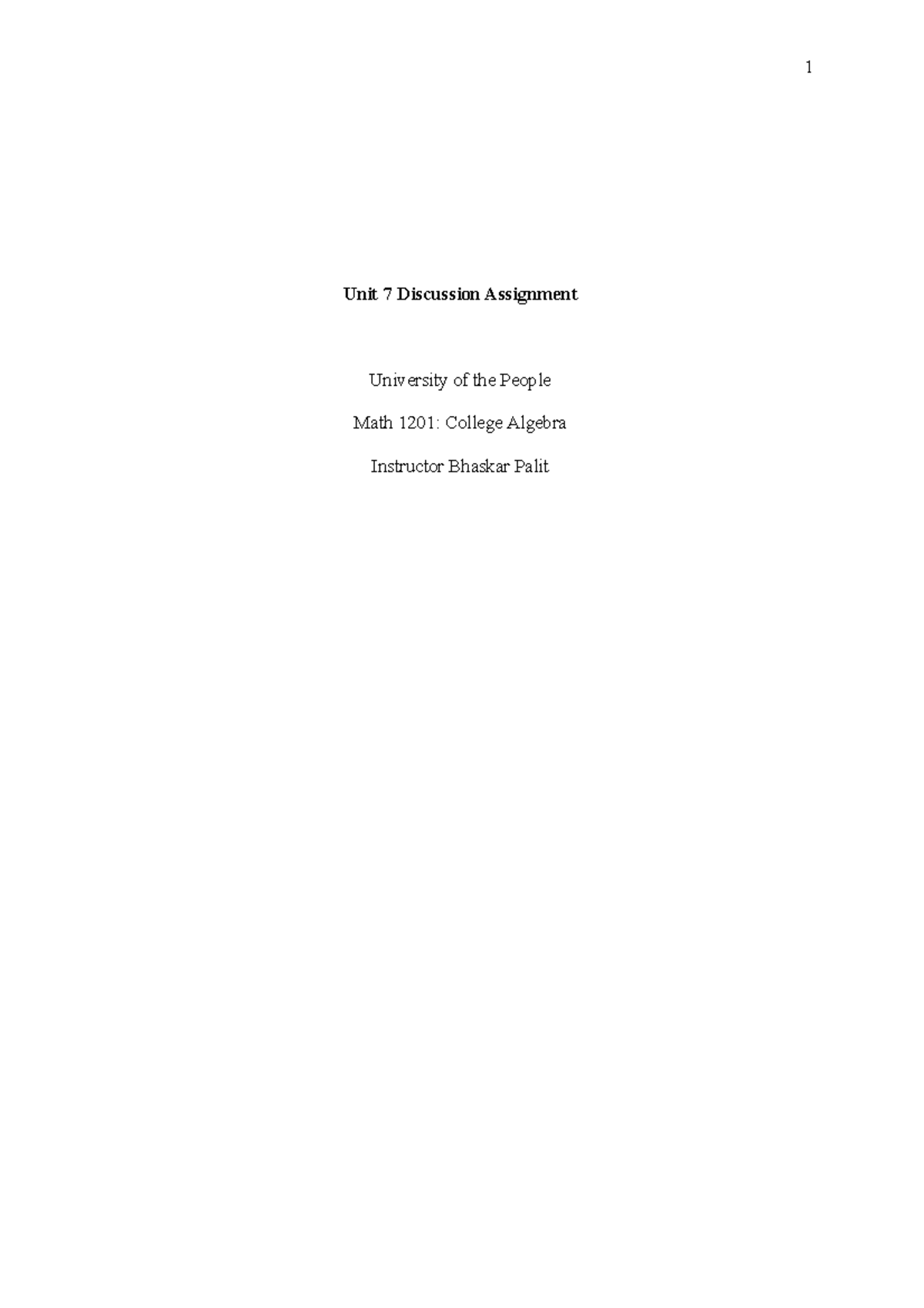 Math 1201 unit 7 Written Assignment - Unit 7 Discussion Assignment ...