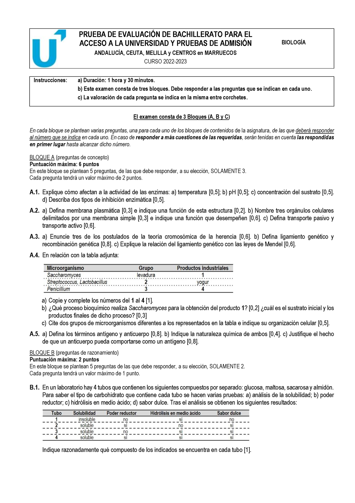 Examen Biologia Titular B - PRUEBA DE EVALUACIÓN DE BACHILLERATO PARA ...