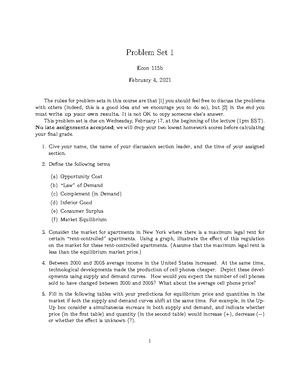 Problem Set (PSET 1) - Problem Set 1 Econ 115 January 23, 2023 The ...