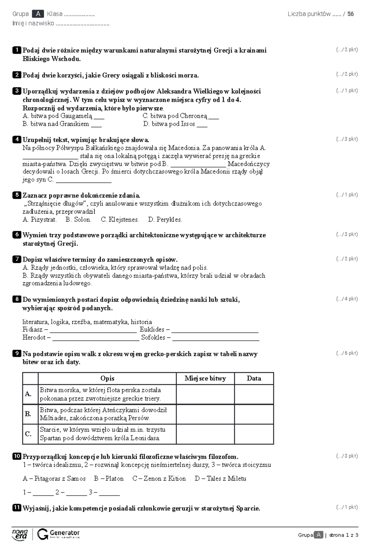 Rozdział 2 Starożytna Grecja PP Test eko - Grupa A | strona 1 z 3 1