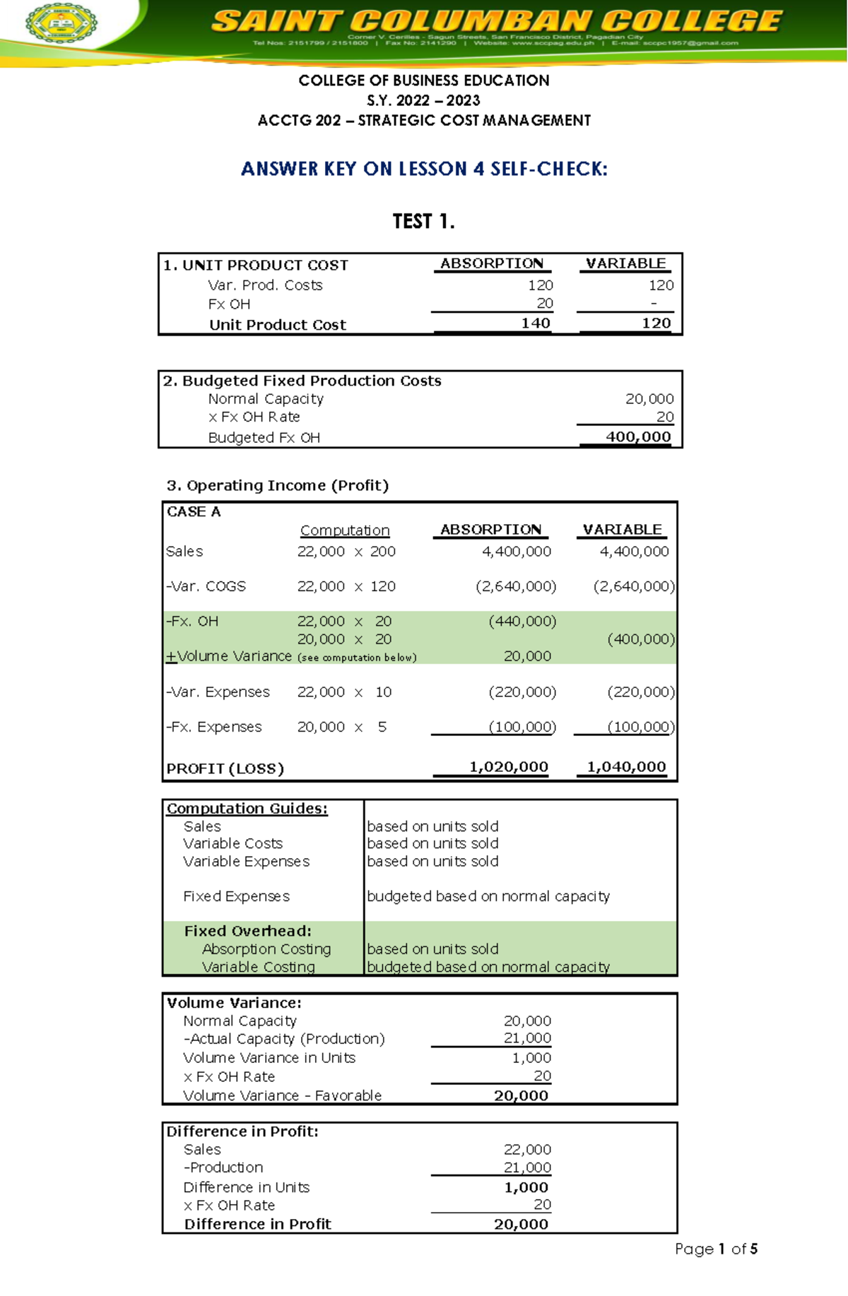 Acctg 202 Strategic Cost Management Answer Key Part 4 - College Of 