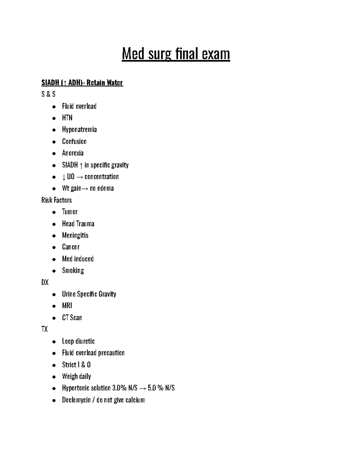 Med Surg Final Exam - Notes From Class - Med Surg Final Exam SIADH (↑ ...