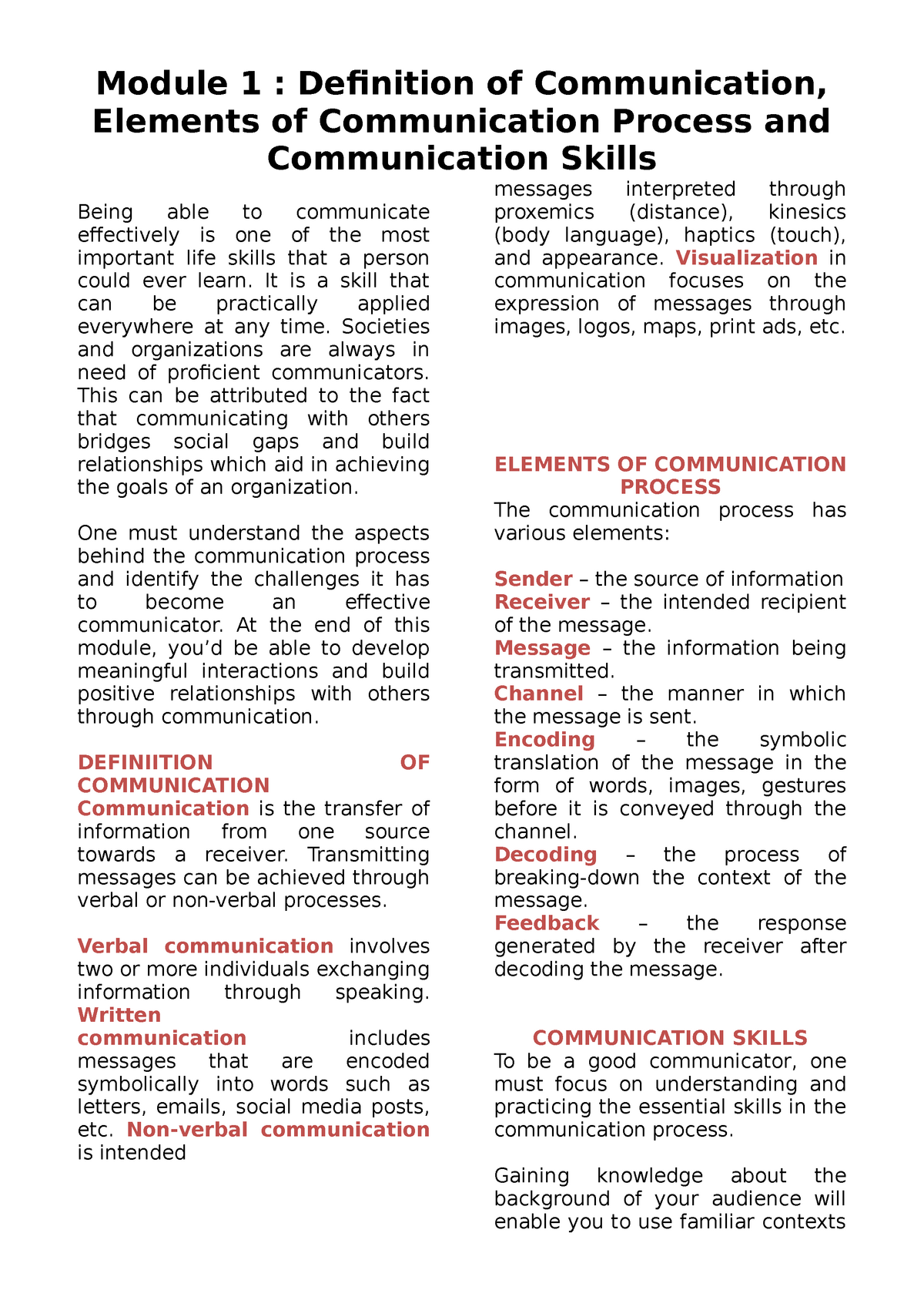 Purposive COMM Notes - Module 1 : Definition of Communication, Elements ...