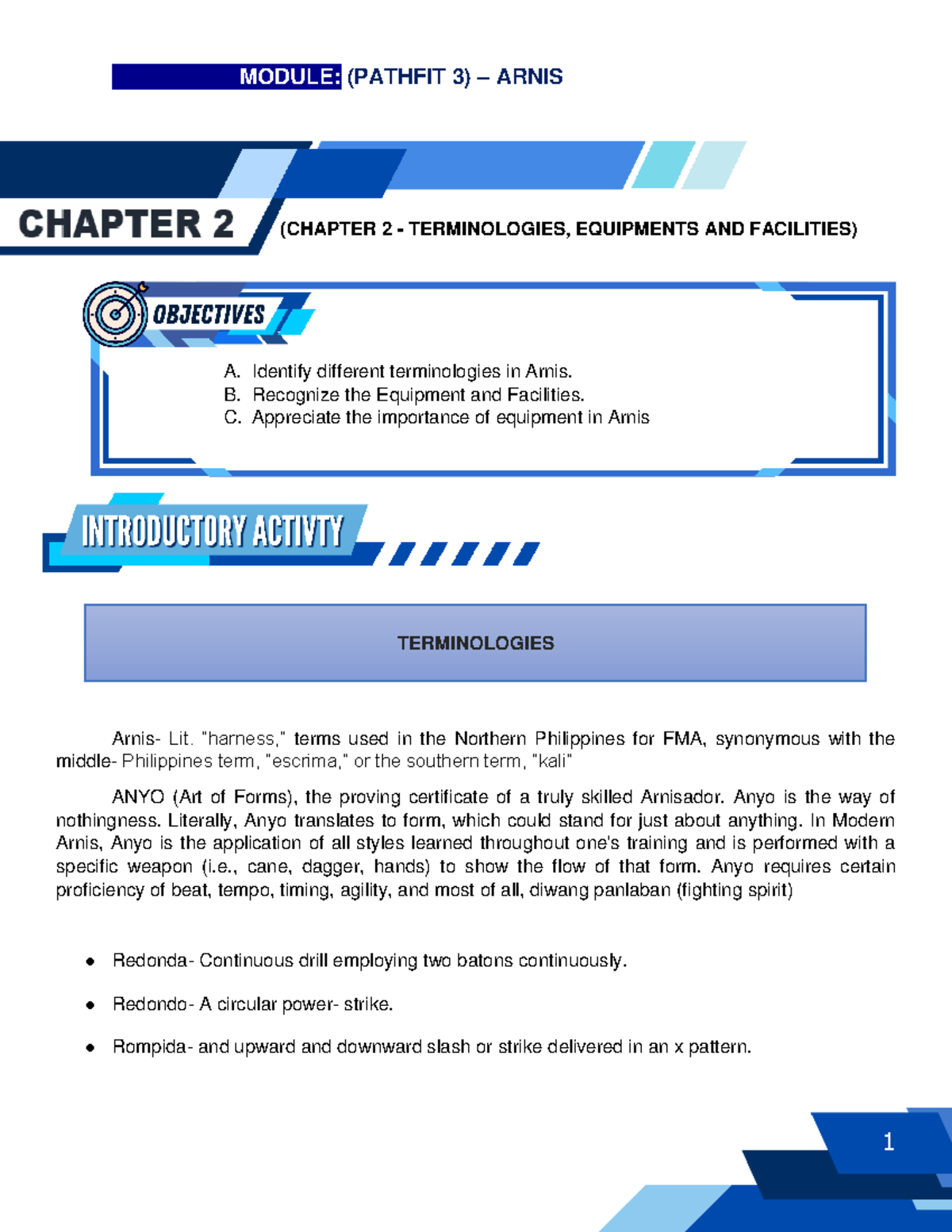 PE 3 Pathfit 3 Chapter 2 Arnis (CHAPTER 2 TERMINOLOGIES, EQUIPMENTS